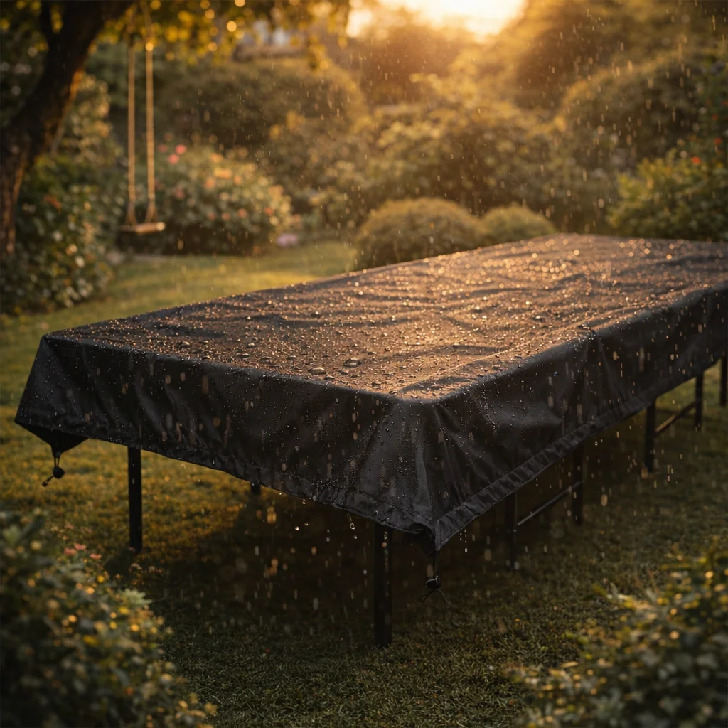 Heavy duty ping pong table cover waterproof protecting an outdoor table in a beautiful backyard
