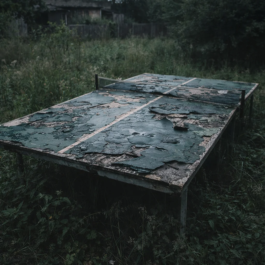 Damaged unprotected outdoor ping pong table showing why a waterproof cover is essential