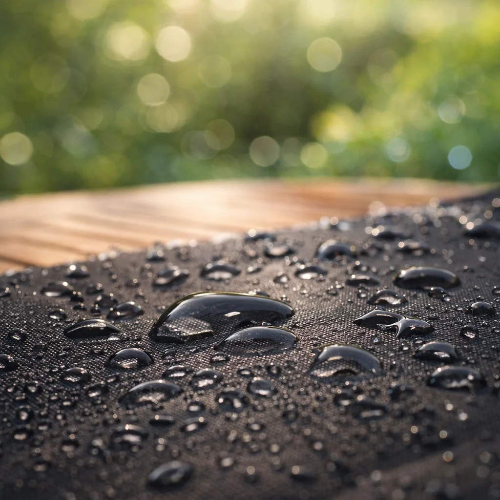 Close-up of waterproof ping pong table cover showing water beading on surface - heavy duty outdoor table protection