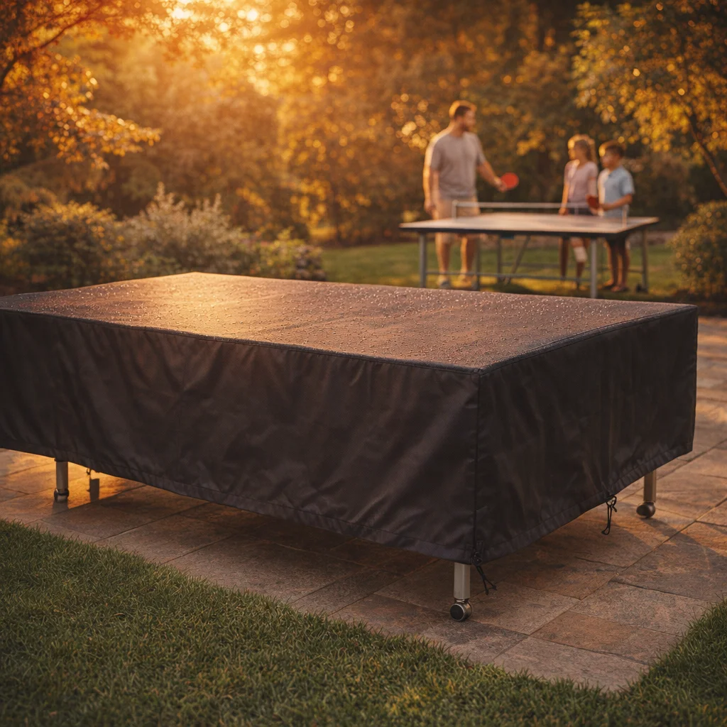 Ping pong table cover for backyard protecting table in golden hour light - best table tennis cover for outdoor use