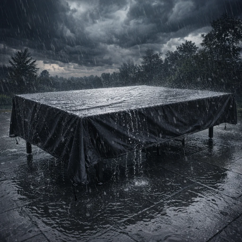 Heavy duty waterproof ping pong table cover protecting table from heavy rain outdoors